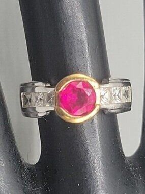 Pink Ruby Ring Cubic Zirconia Side Stones Thailand Two Tone Gold Plated Size 6